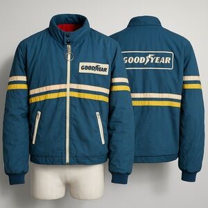 Vintage 1970's Mens Goodyear Red Fleece Lined Racing Striped Patched Jacket